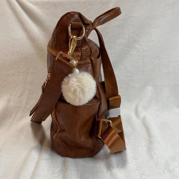 Brown Faux Leather Backpack With Gold Accents Multiple Zipper Pockets Adjustable - Picture 2 of 8